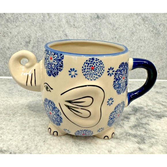 EARTHBOUND TRADING COMPANY Elephant Mug Cup Blue White Red Trunk Up - Picture 3 of 8